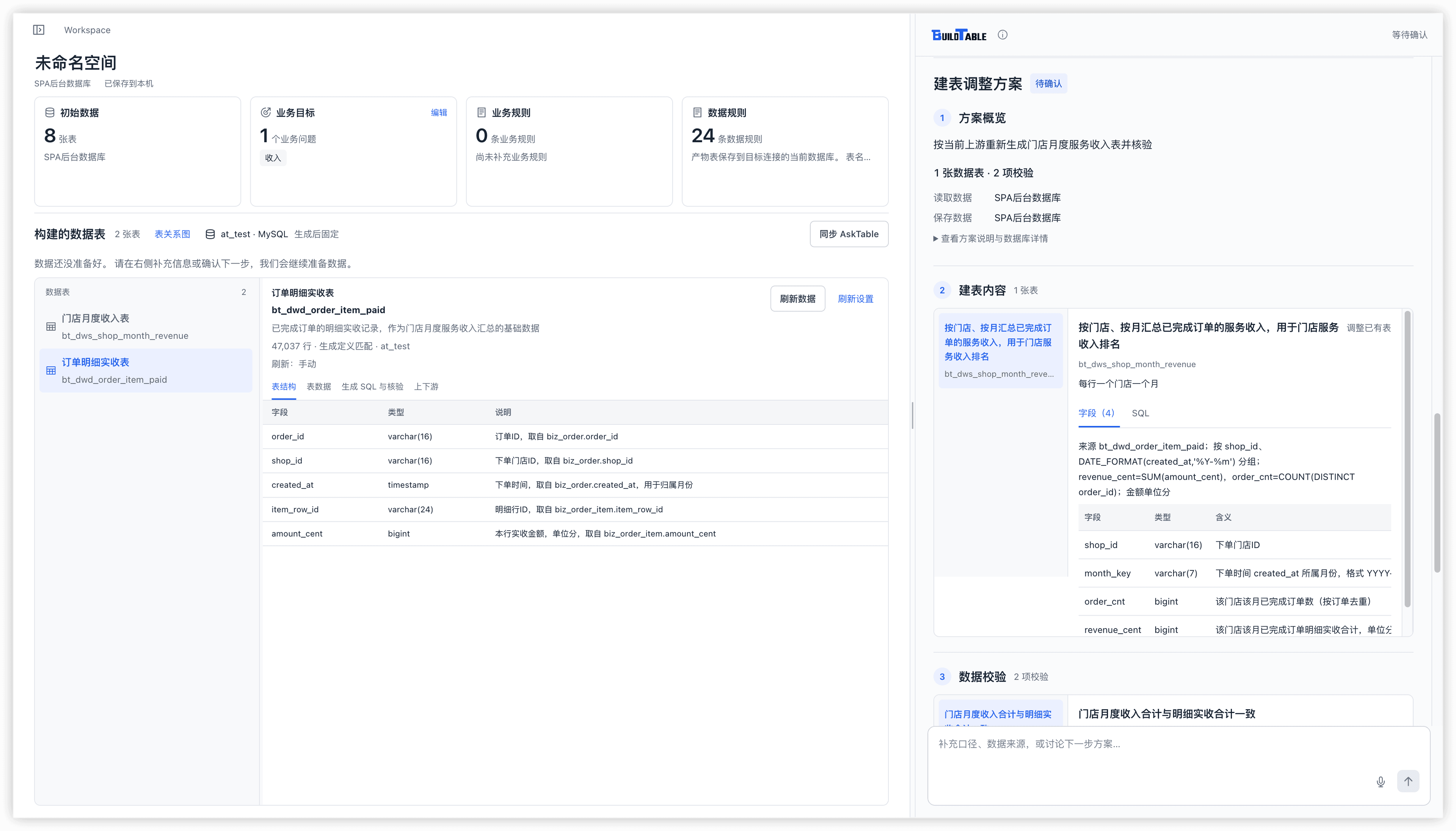 审阅结果表方案、字段、SQL 与校验项目。